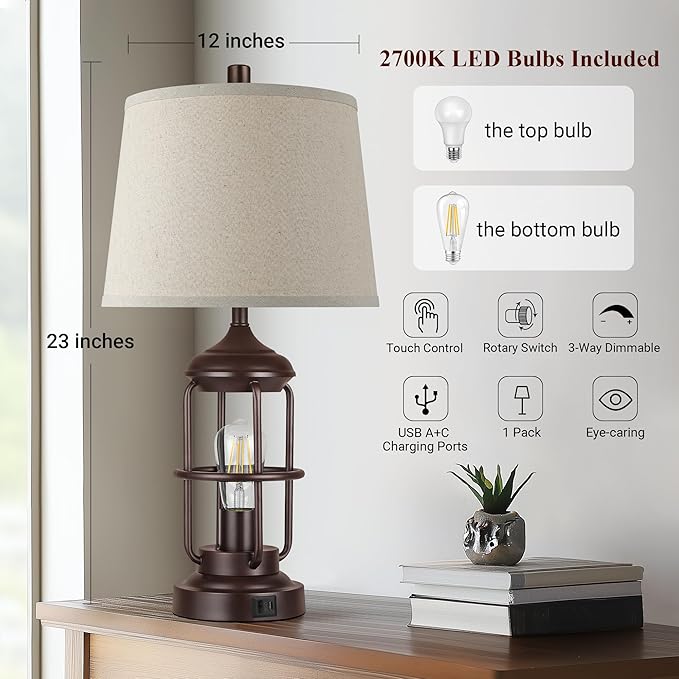 QiMH Table Lamp for Bedroom with USB A+C Ports, Farmhouse Bedside Lamp with Night Light, 3-Way Dimmable Touch Control, Rustic Industrial Nightstand Lamp for Living Room,1 Pack (2700K Bulbs Included)
