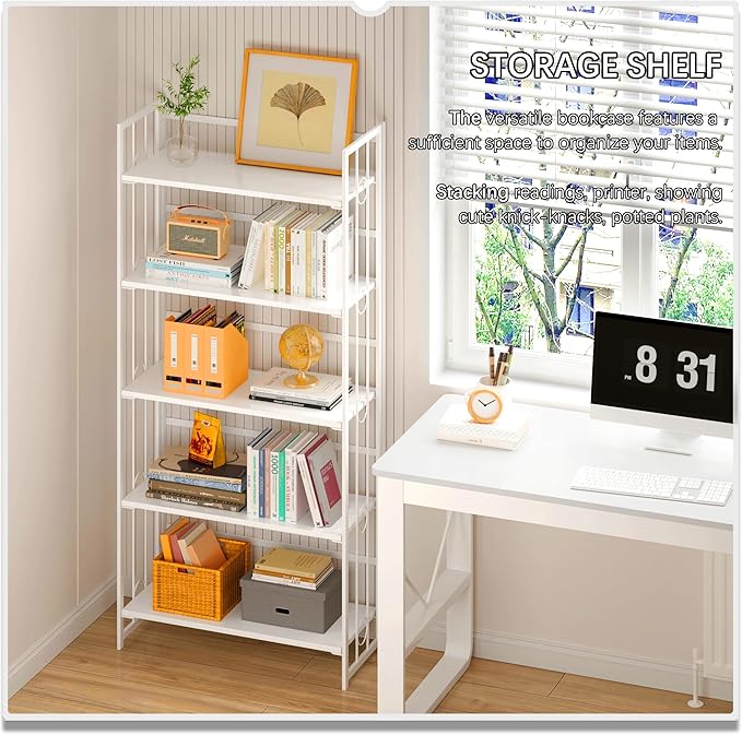 4NM No Assembly 5 Tiers Folding Bookshelf, 59.4" H Foldable Storage Shelves Vintage Bookcase Standing Racks Study Organizer Home Office - All White