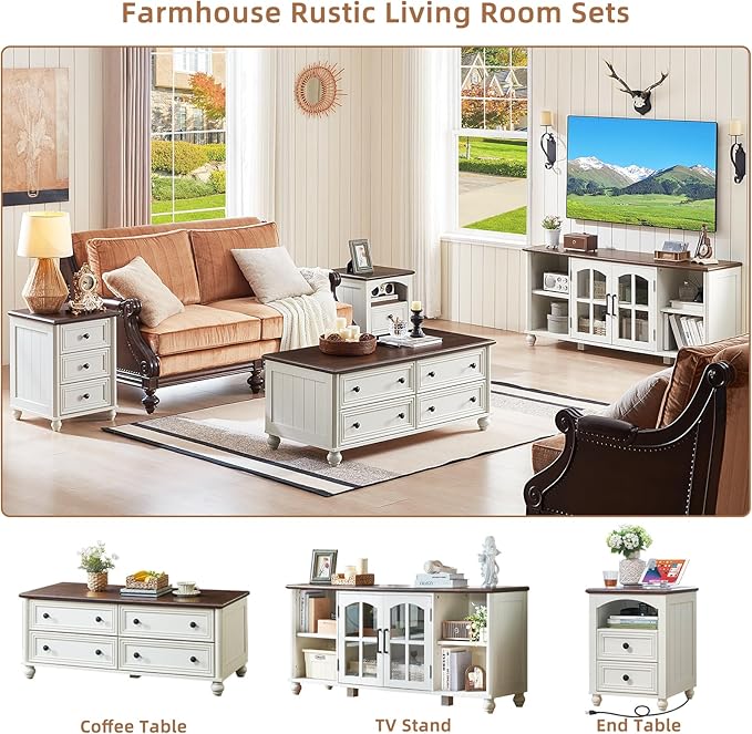 Farmhouse TV Stand for 60 Inch TV, Wood Entertainment Center with Glass Door Storage Cabinet & Adjustable Shelves,Television Stands for 65" TVS, TV Console Table for Living Room,Bedroom,White