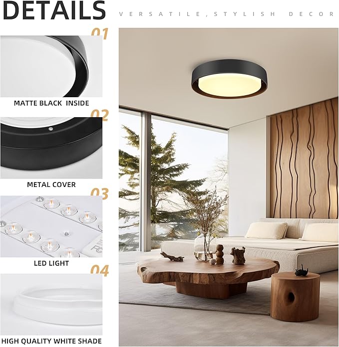 Hlite 10 inch Ceiling Light Fixture,Modern LED Flush Mount Ceiling Light,3000K/Warm White/20W,Dimmable 1600LM Rustic Indoor Room Decorative Ceiling Lights for Bedroom Kitchen, Black(1 Pack)