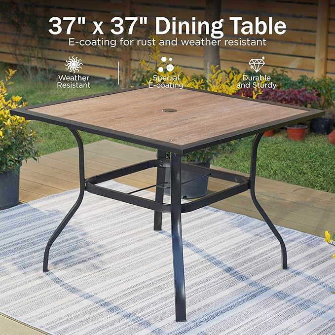 PHI VILLA Metal Outdoor Patio Dining Chairs and 37"x37" Wood-Like Square Table Furniture Set of 5