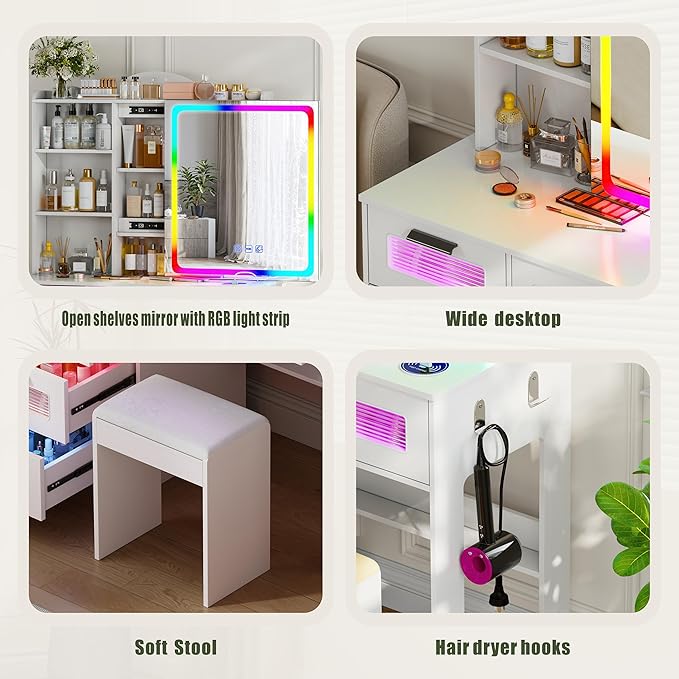 Vanity Desk with Sliding Vanity Mirror and RGB Lights,Makeup Vanity Desk with Charging Station,LED Vanity Table with Hidden Storage,Dressing Table Set with Stool&5 Drawers for Bedroom,White