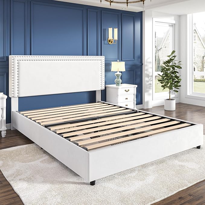 VECELO Full Size Upholstered Platform Bed Frame with 4 Storage Drawers, Adjustable Velvet Rivet Decor Headboard, Wooden Slats Support, No Box Spring Needed, Easy Assembly