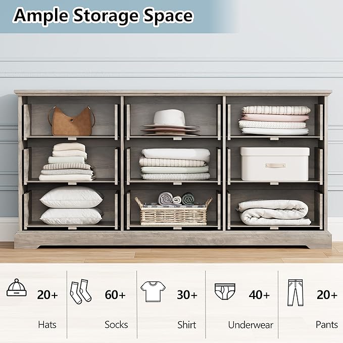 Dresser for Bedroom with 9 Drawer, Farmhouse Long Dresser for Closet,63'' Wide Rustic Wooden Chest of Drawers with Natural Wood Texture, Vintage Storage Organizer for Living Room, Hallway, Grey