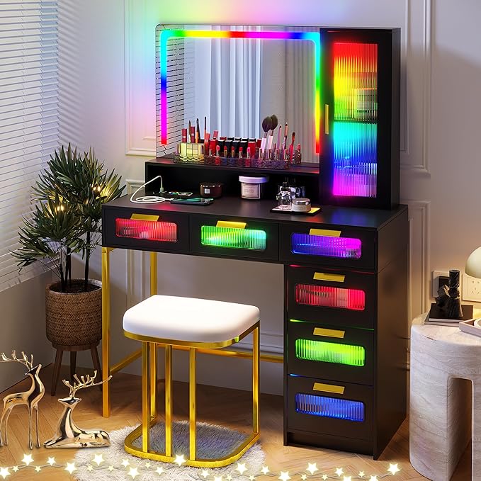 HNEBC RGB Vanity Desk with Mirror and Lights, LED Vanity Makeup Desk with USB/Wireless Charger Station, Vanities Dressing Table Sets with 6 Drawers/Cabins/Stool/Shelves for Bedroom&Cloakroom,Black