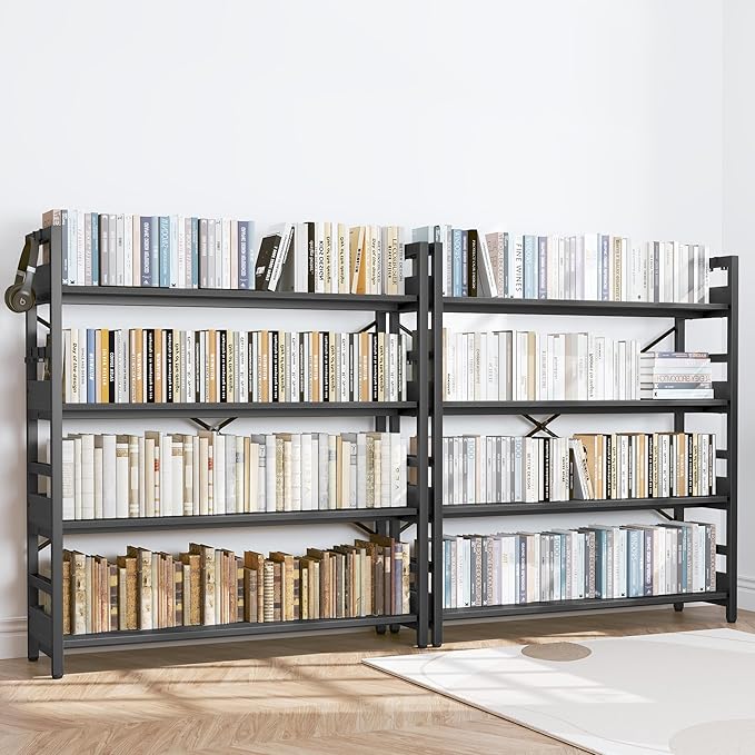 HCHQHS Bookshelf, Adjustable Industrial Bookcase, Vertical Tall Book Shelf, Wood and Black Metal Open Bookshelves for Home Office, Living Room, Bedroom (Black, 4-Tier (47" W x 44" H))