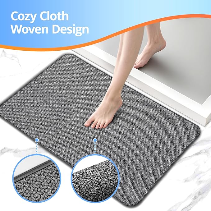Thin Bathroom Rugs, Bath Mat Super Absorbent, Bath Rugs Rubber Backing Non-Slip, Quick Dry Machine Washable, Cozy Cloth Bathroom Mat fit Under Door/Bathtub/Sink/Shower/Kids 19''x30''-Dark Grey