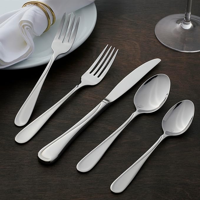 Oneida Silverware Set For 8, Flight 45-Piece Everyday Flatware Set with Serving Utensils, Service For 8, 18/0 Stainless Steel, Dishwasher Safe, Knives Spoons and Forks Set, Dining (Silver, 45 pieces)