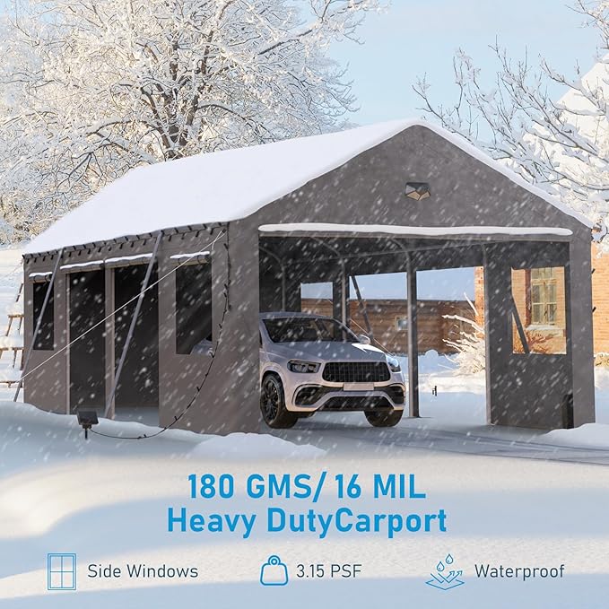 13x25 Carport Canopy, Heavy Duty Car Ports with Sidewalls, Portable Garage Carports with Roll Up Zipper End & Side Doors, Grey