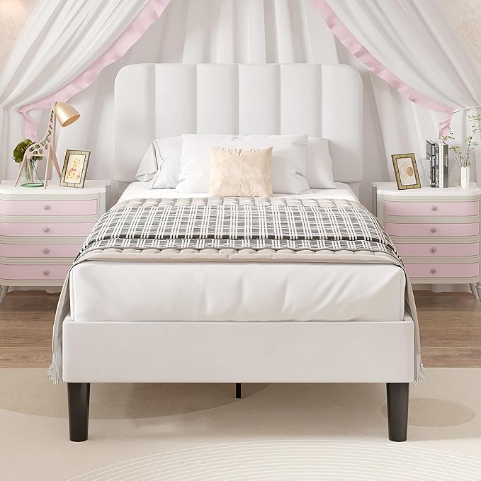VECELO Twin Size Bed Frame with Upholstered Headboard, Velvet Platform Bedframe Mattress Foundation, Strong Wood Slat Support, No Box Spring Needed,White