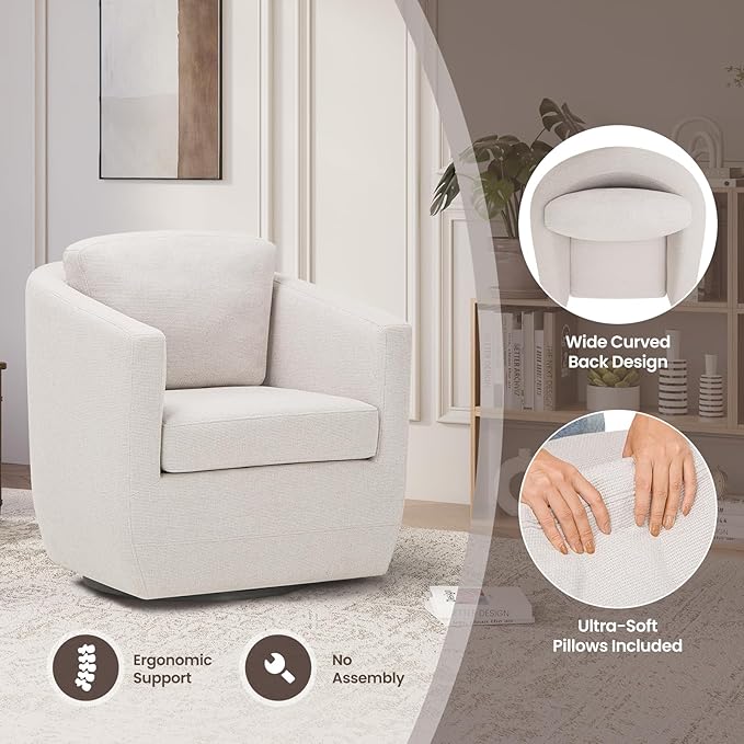 COLAMY 360° Swivel Accent Chair with Pillow, Living Room Armchair No-Sag Foam & Sturdy Metal Base, Fully Assembled Swivel Accent Single Sofa for Bedroom Living Room, Reading Room, Beige