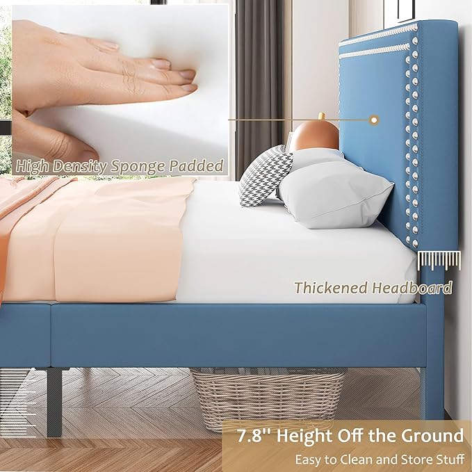 VECELO Full Size Bed Frame with Adjustable Upholstered Headboard, Wooden Slats Platform, Noise-Free Design, Easy Assembly