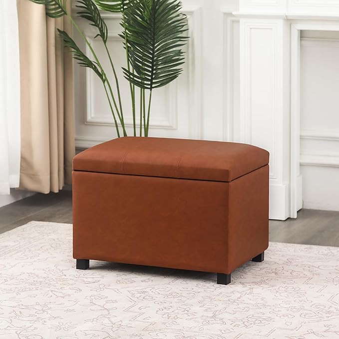 Asense 24'' Small Square Ottoman with Lift Off Lid, Storage Cube Leather Ottoman for Foot Rest, Footstool for Dorm, Living Room, Bedroom, Cognac Brown