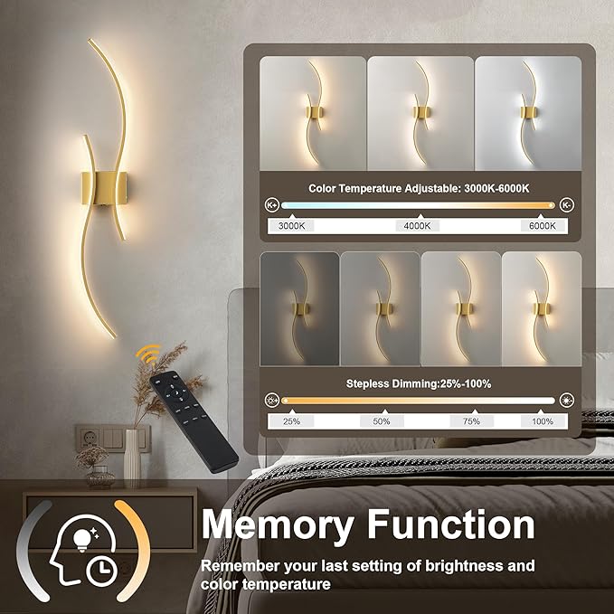 Battery Operated Wall Sconces Set of Two with Remote Control, Stepless Colors 3000K-6000K & Dimming, LED Gold Wireless Wall Light for Living Room, Hallway, Bedroom, 39.3 Inch (2 Pack)