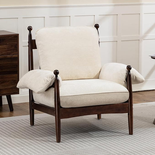 Mid Century Modern Accent Chair with Arms, Upholstered Spindle Chair with Wood Frame, High-Resilience Sponge Cushion for Living Room Bedroom Office