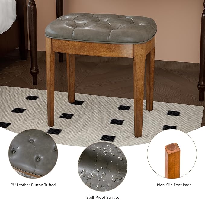 Solid Wood Button Tufted Vanity Stool, Ottoman with Wood Legs & Padded Seat PU Leather Upholstered Piano Bench with Non-Slip Foot Pads Accent Stool for Bedroom Entryway, Grey