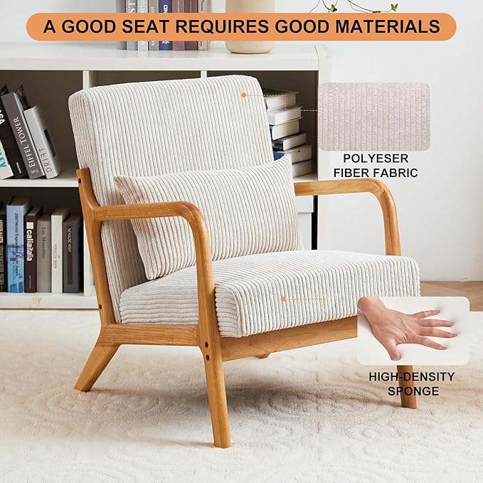 IKIFLY Mid Century Modern Accent Chair with Pillow, Upholstered Lounge Armchair with Solid Wood Frame, Reading Chair with Lumbar Cushion for Living Room, Office, Reading Room, Bedroom - Beige