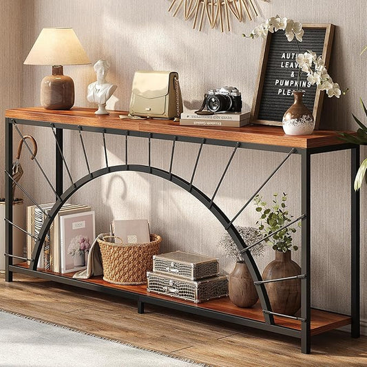 70.9 Inch Console Table, Extra Long Industrial Sofa Tables, 2-Tier Behind Couch Table, Foyer Tables for Entryway, Hallway, Living Room, Unique Design, Brown