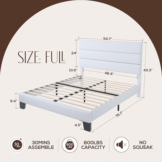 WEEWAY Full Size Bed Frame Platform Bed with Velvet Upholstered Headboard and Wooden Slats Support, Heavy Duty Mattress Foundation, No Box Spring Needed, Easy Assembly, White