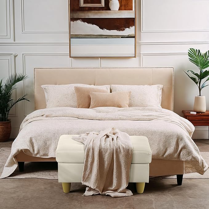 Ottoman Rectangular Storage Ottoman Bench, Faux Leather Footrest, Coffee Table, Stool Footstool with Hinged Lid for Living Room, Bedroom, Entryway, White, 35"x23.5"x17.5"