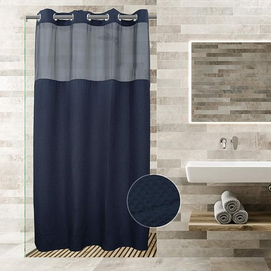 River Dream Navy Blue Fabric Shower Curtain Set, Cotton Blend, Waffle Weave, with Snap in Replacement Liner，54 x 80inches