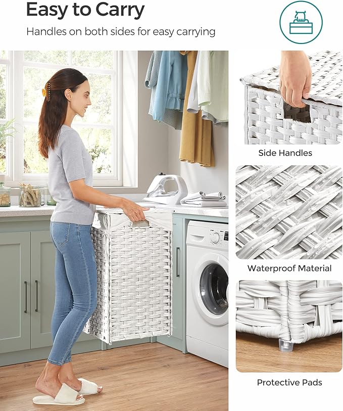 SONGMICS Laundry Hamper with Lid, 110L Clothes Hamper with 2 Removable Liner Bags, 6 Mesh Bags, Wicker Laundry Basket, Double Laundry Hamper for Laundry Room, 13 x 22.4 x 23.6 Inches, White ULCB52WT