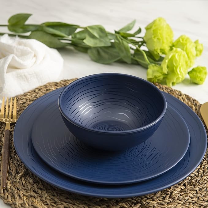 Bzyoo 12 Piece Melamine Dinnerware Set - Durable, Dishwasher Safe, Organica Navy Blue Plates and Bowls Sets Casual Dish Set for Dining, Outdoor and Kitchen