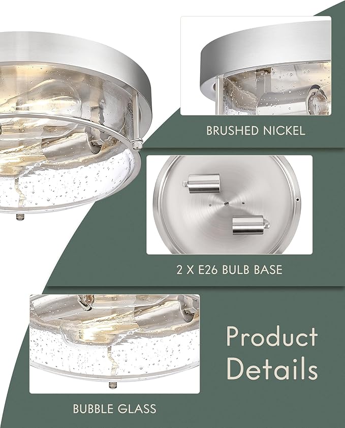 12" Flush Mount Ceiling Light, Brushed Nickel Finish, Bubble Glass Shade, Modern Farmhouse Style for Bedroom, Living Room, Dining – CKCL4822-2W-SGBN