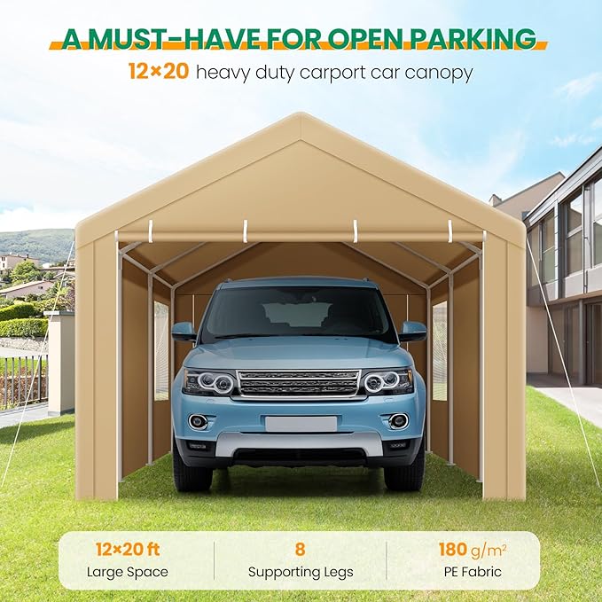 COBIZI Carport Canopy 12x20 Heavy Duty Portable Garage with Roll-Up Ventilation Windows & Doors, Removable Sidewalls Car Canopy Tent Waterproof with Built-in Sandbags for Cars, Boats, Trucks, Khaki