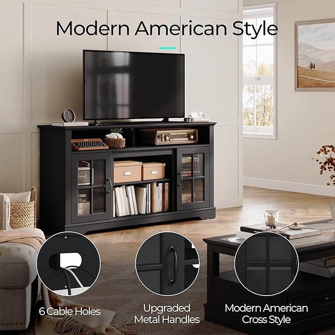 LINSY HOME TV Stand for 65 Inch TV, 32" Tall Entertainment Center with LED Lights and Glass Door Storage Cabinet, Modern Farmhouse TV Media Console Table for Living Room, Black