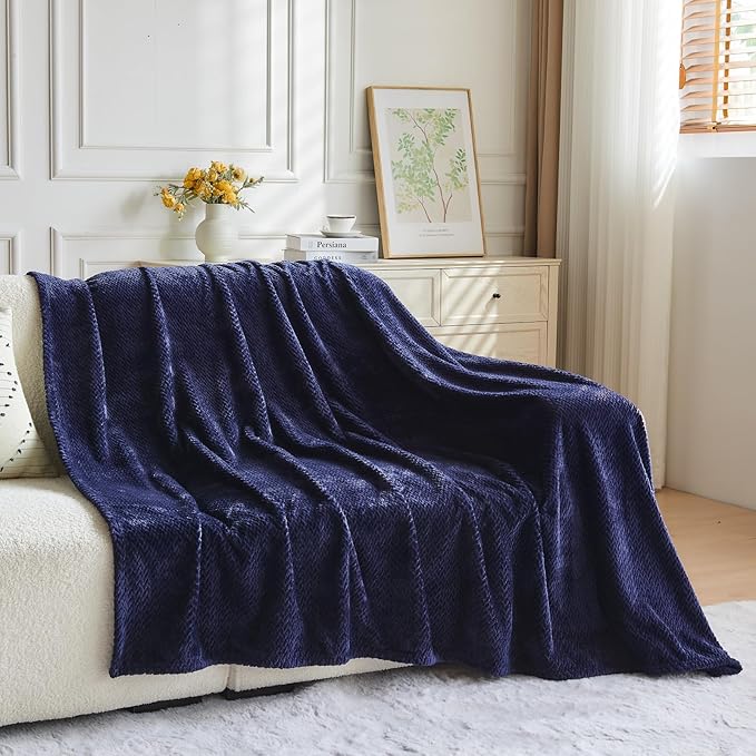 NEWCOSPLAY Super Soft Twin Blanket Dark Navy Premium Silky Flannel Fleece Leaves Pattern Lightweight Bed Blanket All Season Use (Dark Navy, Twin(60"x80"))