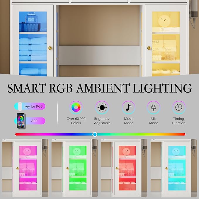 Makeup Vanity Desk with Mirror and Lights, Glass Top Vanity Table Set with Drawers & Power Outlet, Large Dressing Table with 3 Color Lighting Modes & RGB Cabinets for Women Girls Kids Bedroom, White