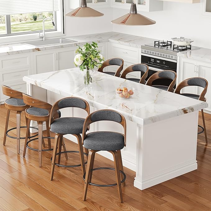 Swivel Bar Stools Set of 8, 26" Counter Height Bentwood Barstool, Mid-Century Modern Upholstered Fabric Bar Chair with Back and Footrest, for Kitchen Island, Bar, Cafe, Dining Room, Grey Linen