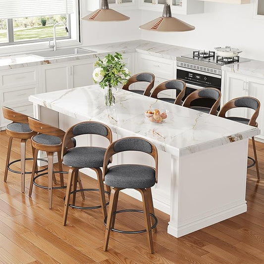 Swivel Bar Stools Set of 8, 26" Counter Height Bentwood Barstool, Mid-Century Modern Upholstered Fabric Bar Chair with Back and Footrest, for Kitchen Island, Bar, Cafe, Dining Room, Grey Linen