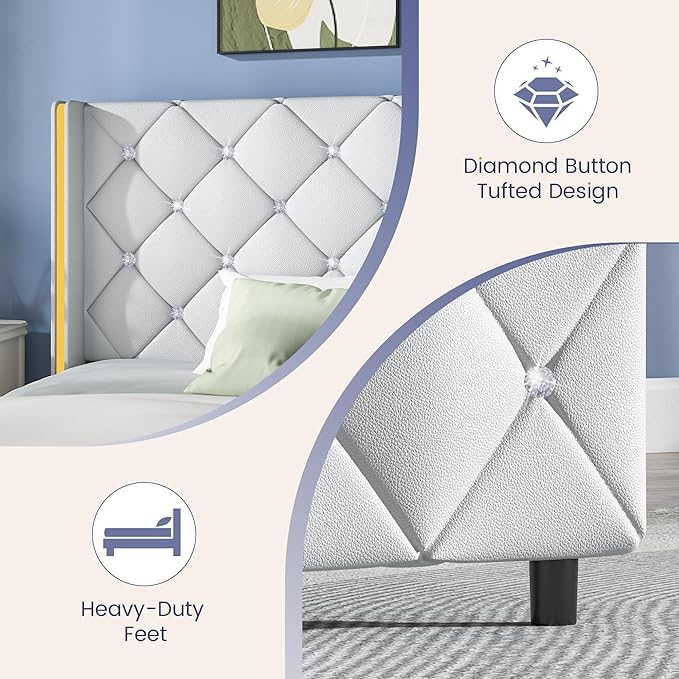 King Bed Frame with Headboard and Footboard, Velvet Upholstered Bed Frame with Diamond Tufted Design, King Size Bed with Wooden Slats Support, No Box Spring Required, Easy Assembly, Black