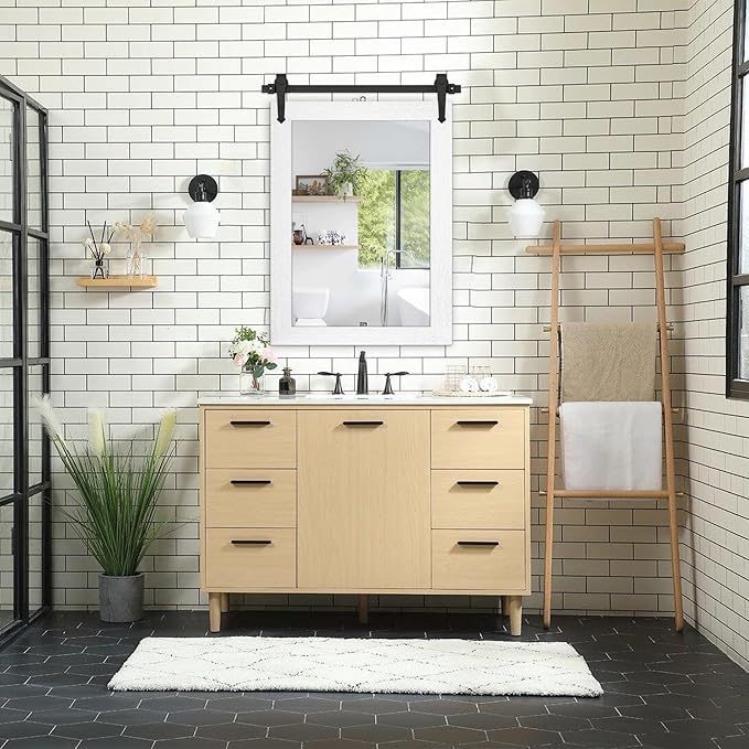 Farmhouse Bathroom Mirror for Over Sink 22”x32” Wood Frame Rustic Barn Door Bathroom Vanity Mirror, Wall Mirror for Bathroom, Living Room, Bedroom, Entryway (Bright White)