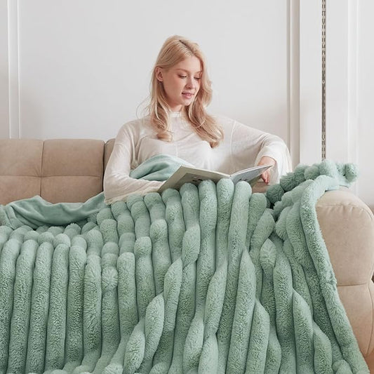 Faux Fur Throw Blanket for Couch, Cozy Warm Plush Striped Blanket for Sofa Bedroom Living Room, 50x60 Inches Sage Green
