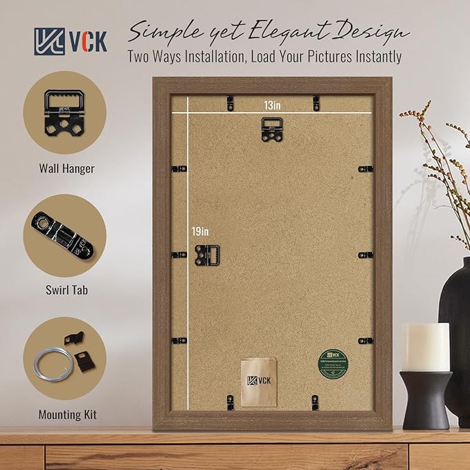 VCK 13x19 Brown Picture Frames 3 Pack, High-End Wood Wide Border Poster Frame, Multi-Directional Display Family Photos, Office Prints, Studio/Gallery/Home Artwork