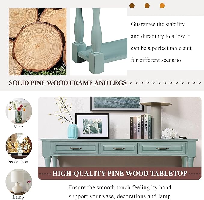 63inch Solid Wood Console Table with 3 Drawers and 1 Bottom Shelf Extra-Thick Sofa Table(Retro Blue)