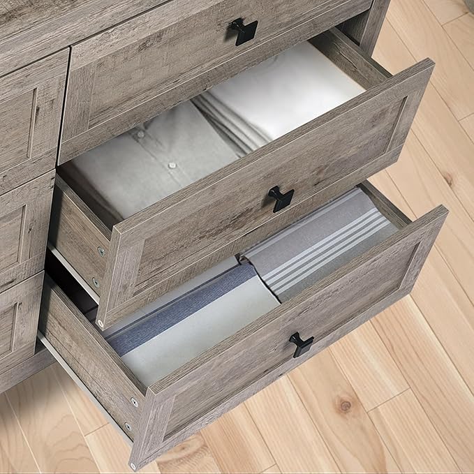 Wood 6 Drawer Dresser & 2 Nightstand Set for Bedroom, Wide Drawer with Farmhouse Handle for Bed Room, Hallway, Rustic Grey