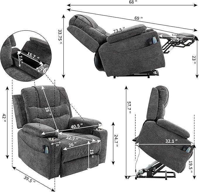 Big Man 400lbs Recliners with Extended Foot Rest and Armrest Storage, Oversized Power Lift Recliner Chair with Heat Massage and Cup Holders for Elderly