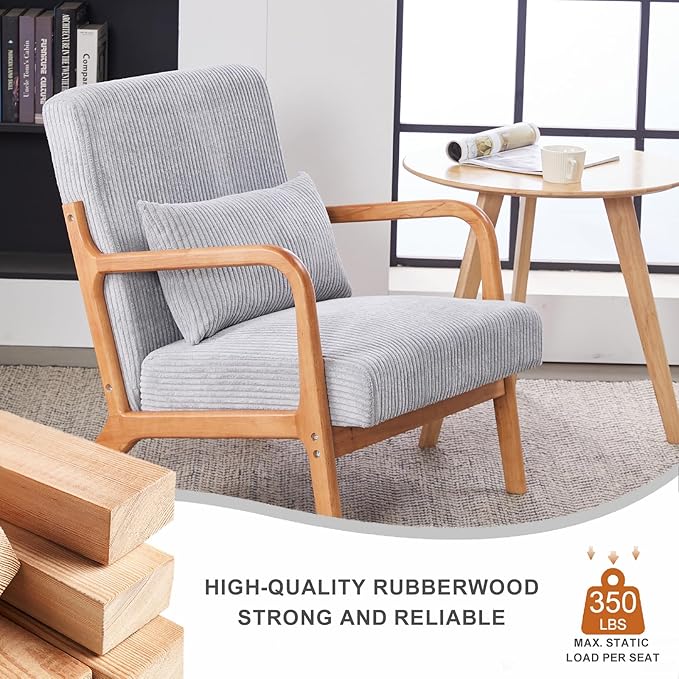 IKIFLY Upholstered Accent Chair Set of 2, Mid Century Modern Living Room Chair with Solid Wood Frame, Reading Arm Chair with Pillow & Lumbar Cushion for Office, Reading Room, Bedroom - Light Grey