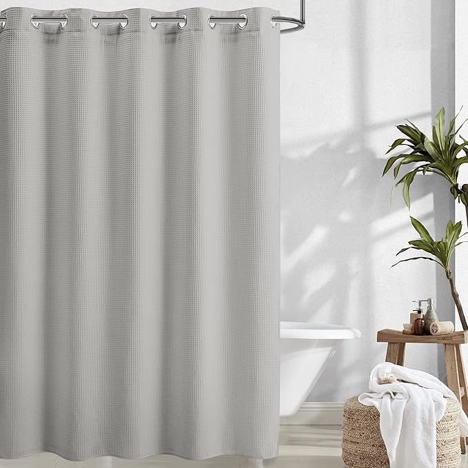 River Dream Extra-Long Waffle Weave Shower Curtain with Snap-in Liner,Cotton Blend Fabric Heavy Duty,No Hooks Needed Shower Curtain for Bathroom,Hotel Quality Shower Curtain Set,Grey,71x86 inches