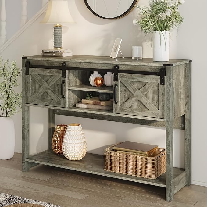 RoyalCraft Console Table with Storage Shelf & Sliding Barn Door, Farmhouse Entryway Table with Storage, 46" Narrow Long Sofa Table, Behind Couch Table, Console Tables for Living Room, Entryway, Foyer