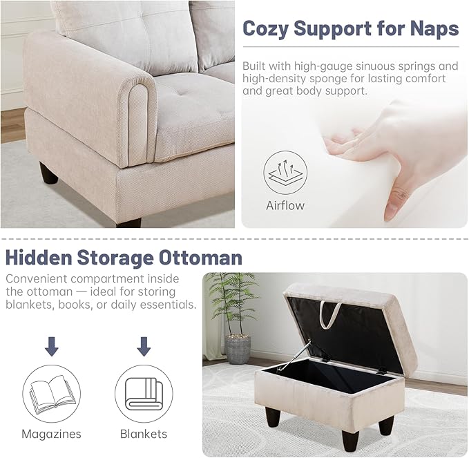 L-Shape 3-Piece Cloud Sofa, Couch for Living Room, Grey White Corduroy Fabric L-Shape with Reversible Chaise & Storage Ottoman, Ergonomic 110–115° Recline, Solid-Wood Frame