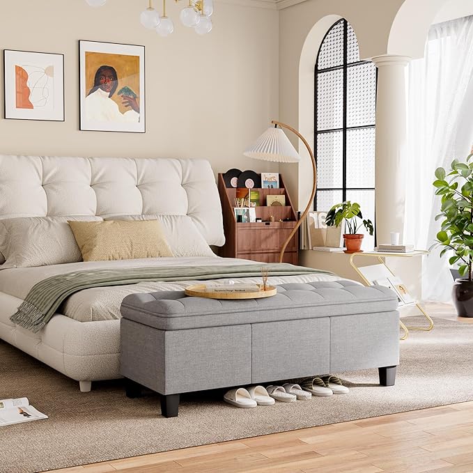 YESHOMY 47 Inches Ottoman with Storage, Storage Bench with Legs, Ottomans for Living Room, Entryway, Adjustable & Movable, Easy Assembly, Linen Fabric Light Gray