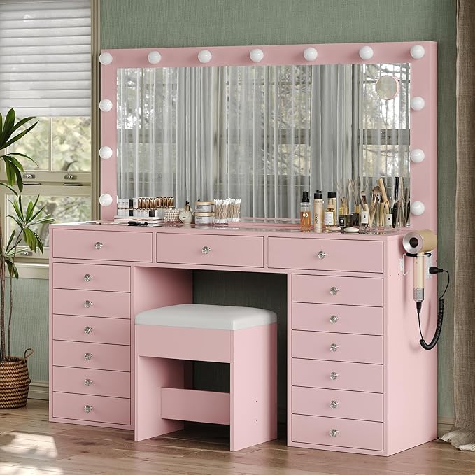 55" W Vanity Desk, Makeup Vanity with Charging Station, 15 Drawers with Lighted Mirror, 3 Lighting Modes, Brightness Adjustable, Glass Top, Vanity Table with Chair for Bedroom, Pink