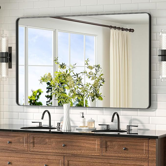 TETOTE Black Vanity Mirror 48 x 30 Matte Black Bathroom Mirrors, Tempered Glass, Modern Farmhouse Wall Mounted Mirror for Decorative(Horizontal/Vertical)