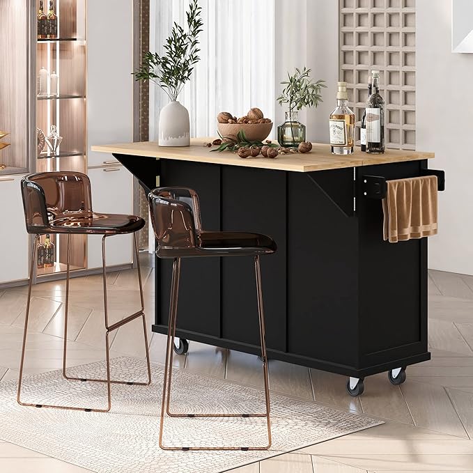 Kitchen Island Cart with Drop-Leaf Cabinet Door Internal Storage Rack 5 Wheels 3 Drawers for Kitchen, Dining Room, Bathroom 53.1" W*29.5" D*37.2" H Black