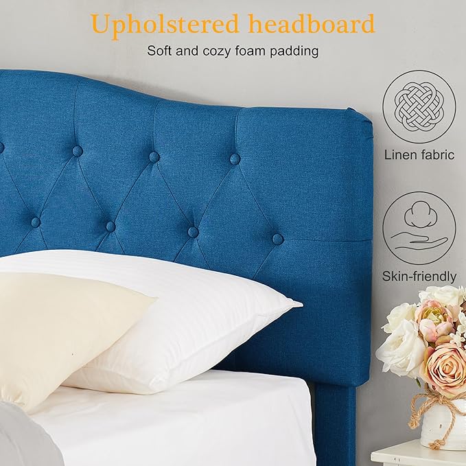 VECELO Queen Size Platform Bed Frame with Fabric Upholstered Headboard and Wooden Slats Support, No Box Spring Needed/Easy Assembly,Blue